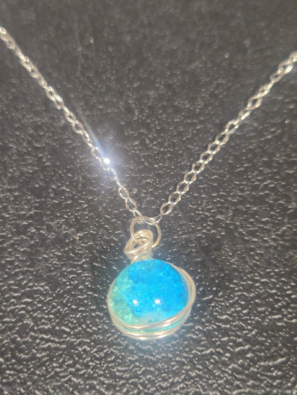 Handcrafted Delicate Silver Wire With Blue Speckled Pendant Necklace